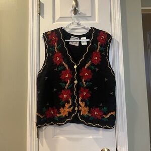Vintage ERIKA Handknit Holiday Christmas cardigan Sweater vest Poinsettia M